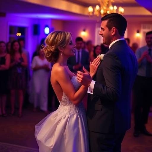 Casal de noivos danäando durante a festa de casamento com fotógrafo capturando o momento