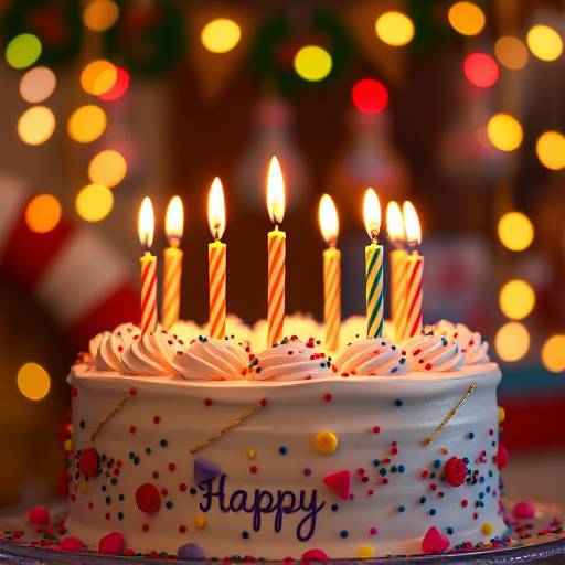 Foto de um bolo de aniversário decorado com velas acesas em um ambiente festivo, com balões coloridos e confetes espalhados ao redor.