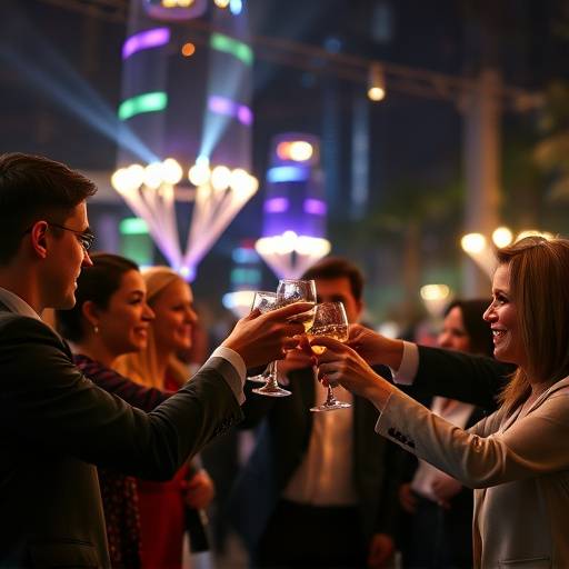 Foto de um grupo de pessoas brindando em um evento corporativo noturno