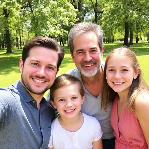 Foto de uma família sorrindo em um parque ensolarado, com árvores e gramado verde ao fundo, capturada durante uma sessão de fotos casual.