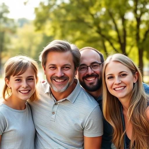 Foto de uma família sorrindo em um parque, com árvores ao fundo