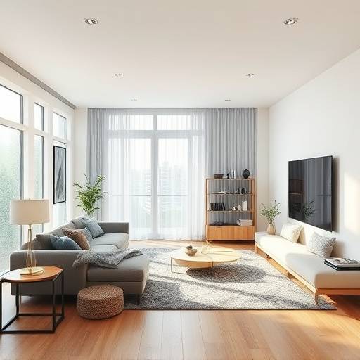 Fotografia de interior de sala de estar com decoraäão moderna e iluminaäão natural