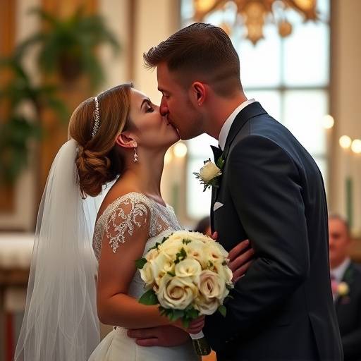 Fotografia de um casal se beijando durante a cerimônia de casamento