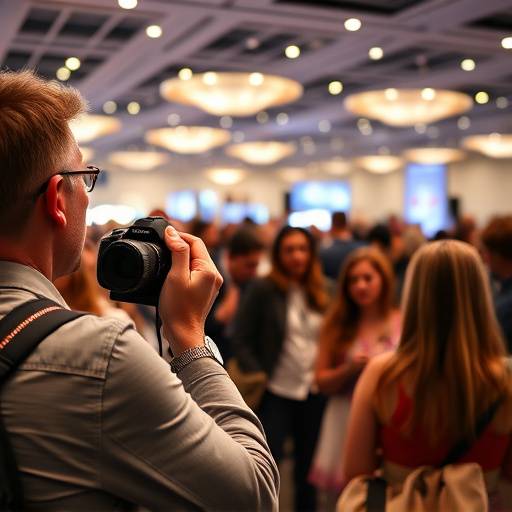 Fotógrafo profissional tirando fotos de participantes em um evento corporativo em um centro de convenäões