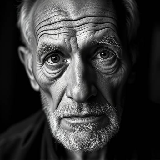 Retrato em preto e branco de um idoso com rugas marcantes e um olhar expressivo, transmitindo sabedoria e experiência através das linhas do rosto.