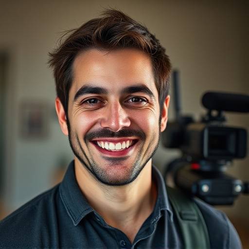 Retrato sorrindo de Marcelo Gomes, assistente de iluminaäão e equipamento