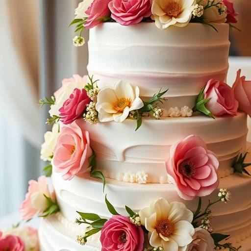 Um close-up de um bolo de casamento de vários andares, decorado com flores frescas e detalhes intrincados em glacê.