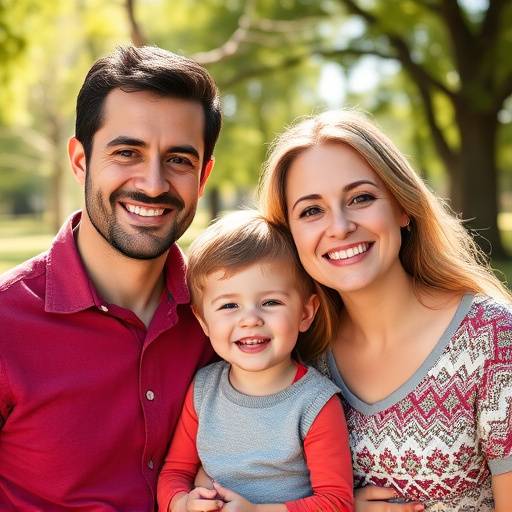 Uma família de quatro pessoas, incluindo pais e dois filhos pequenos, posa sorrindo para uma foto de família em um parque.